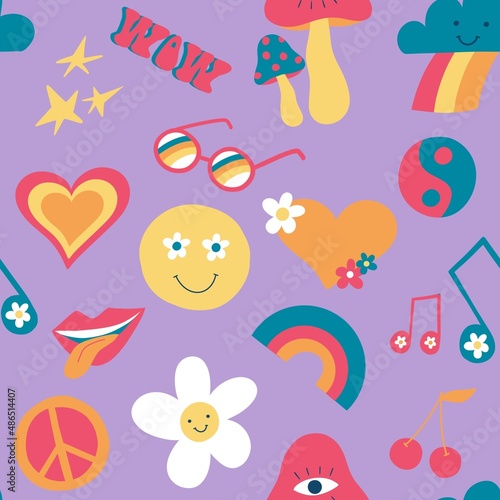 Seamless pattern with cute retro groovy elements. Vintage texture for kids textile, wrapping paper. 