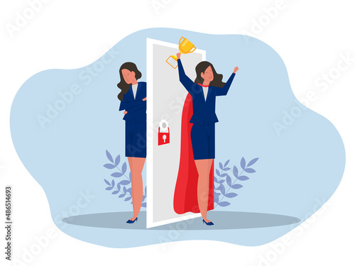 Imposter syndrome.woman standing for her present profile with fear after door . Anxiety and lack of self confidence at work; the person fakes is someone else concept