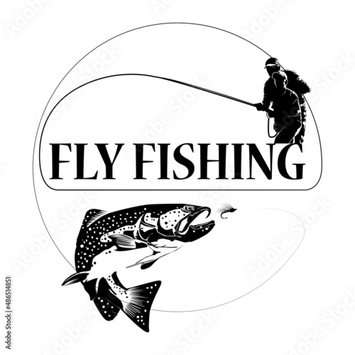 Fly fisherman fishing.graphic fly fishing.clip art black fishing on white background - Vector
