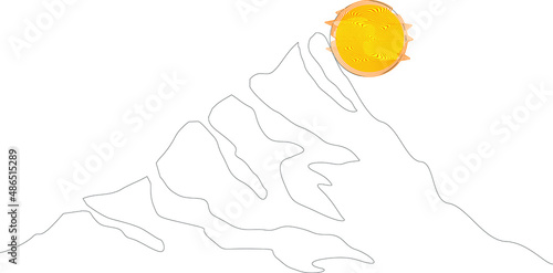 Mountain landscape  in sunset . Line art style  .One line minimal design  . Trendy brochure . Vector illustration .