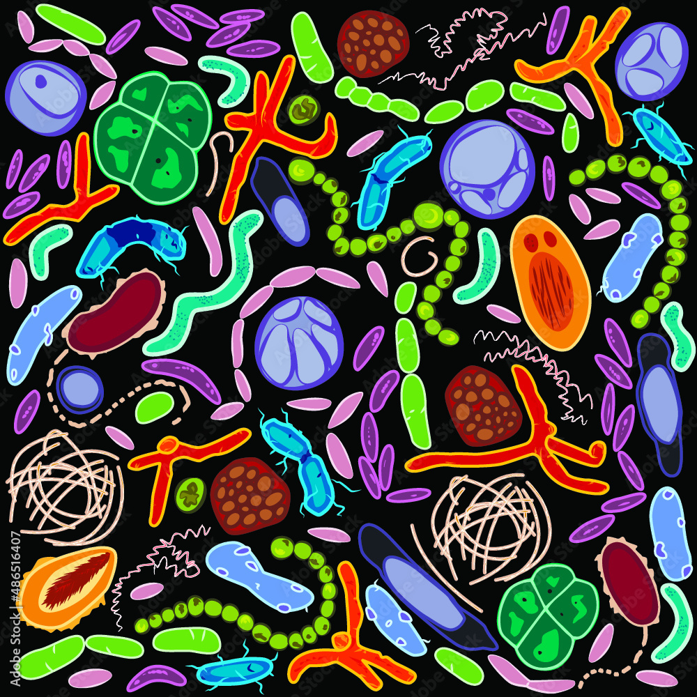 Set of different types of bacterias on black background, vector ...