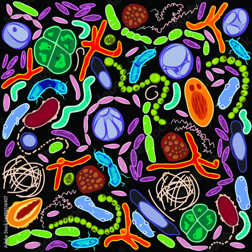 Set of different types of bacterias on black background, vector illustration