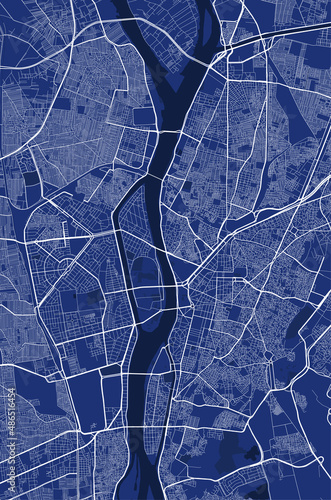 Detailed vector map poster of Cairo city, linear print map. Blue skyline urban panorama.