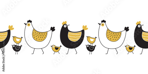 Seamless border with hens and chicks. Vector illustration isolated on white background.