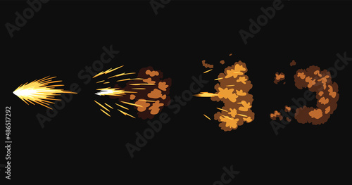Gun flashes or gunshot animation. Cartoon flash effect of bullet starts with smoke and sparkles. Fire explosion effect during shot with gun. Shotgun fire, muzzle flash and explode