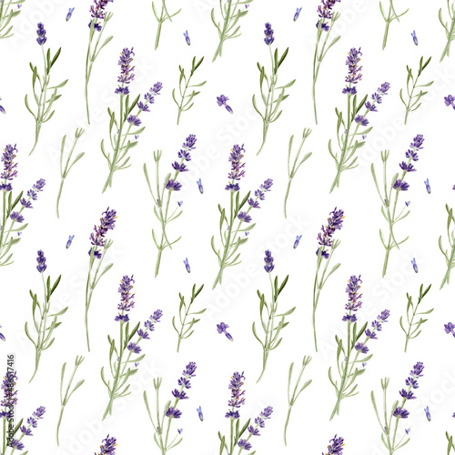 Lavender flower seamless pattern isolated on white background. Watercolor hand painted purple floral illustration. For print, card, wallpaper, packaging, invitation, fabric