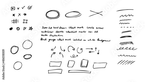 super set simple realistic hand drawn doodle checkmark circle arrows box underlines for checklist marks marking up papers  icon vector illustration black pen isolated on white background