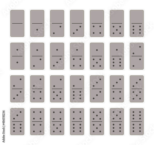 Domino 28 pieces with black spots or dots. Creative vector realistic full set. Bones art graphic design elements. Icon activity and hobbies collection
