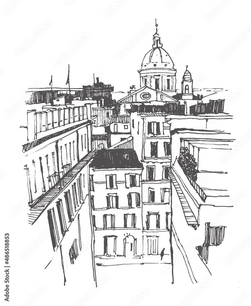 Travel sketch of Rome. Liner sketches architecture of Italy Rome. Graphic illustration. Sketch in black color isolated on white background. Hand drawn travel postcard. Freehand drawing.