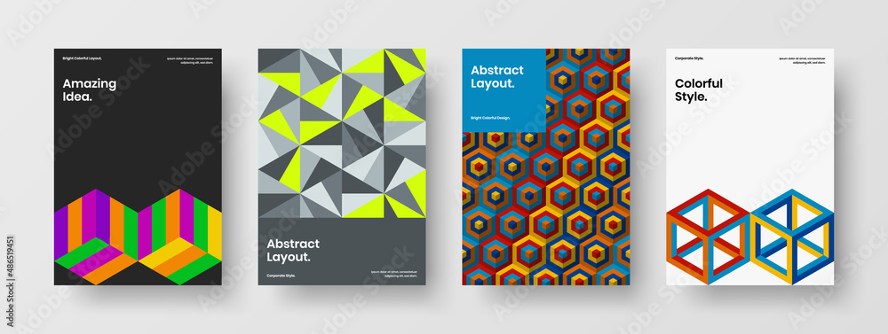 Unique geometric tiles cover template bundle. Creative postcard A4 design vector illustration collection.
