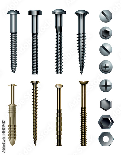 Set of metal screw, bolt and rivet heads. Collection of different industrial or DIY elements. Isolated realistic vector illustration