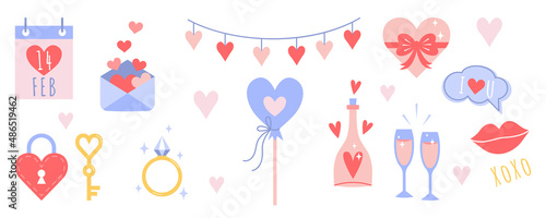Cute Valentine's Day sticker set. Flat vector dating icons isolated on white background. Hearts, engagement ring, envelope, glasses, gifts, calendar, lips, lock and key.