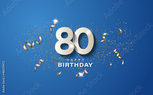 80th birthday with white numbers on a blue background. Happy birthday banner concept event decoration. Illustration stock photo