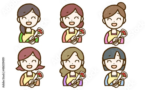 母の日のお母さんのイラストセット（フルカラー）