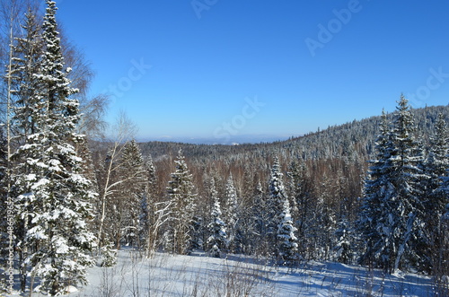 Winter landscape, mountains and trees . High quality photo