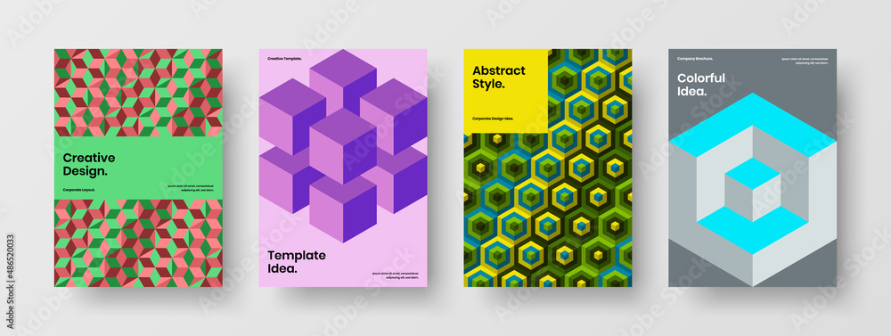 Vivid journal cover design vector concept collection. Bright mosaic hexagons pamphlet illustration set.
