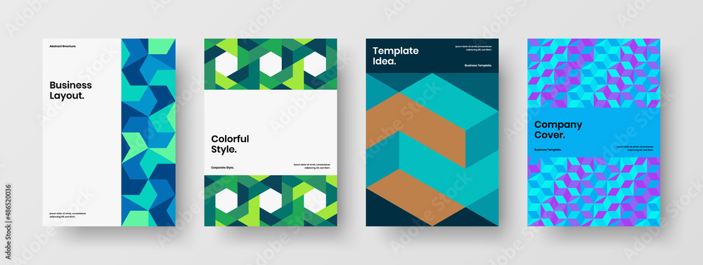 Fototapeta premium Bright mosaic pattern annual report layout collection. Vivid cover A4 design vector illustration composition.