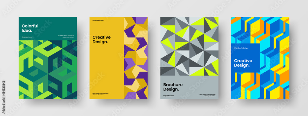 Simple booklet design vector template set. Bright mosaic tiles corporate identity concept composition.