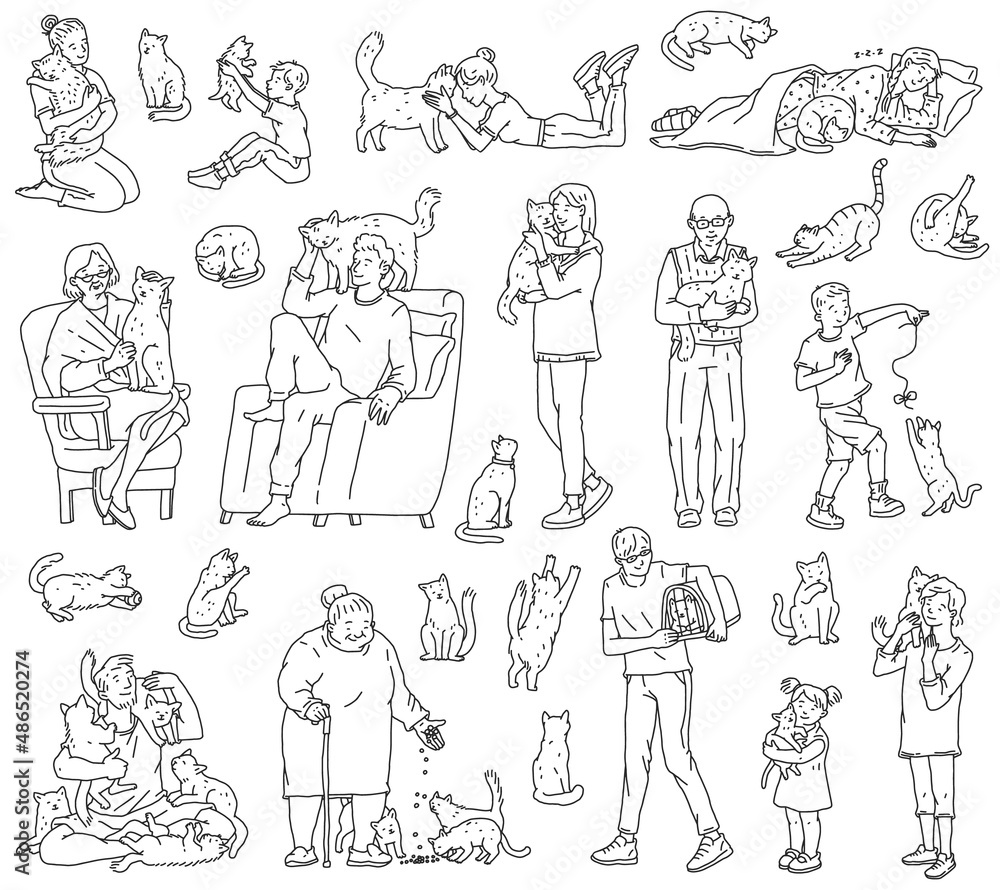 Cats and people. Characters hug and take care of their favorite pets. Line doodle black white isolated vector illustrations.