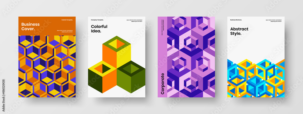 Fototapeta premium Original company brochure A4 vector design concept composition. Clean mosaic hexagons presentation template bundle.