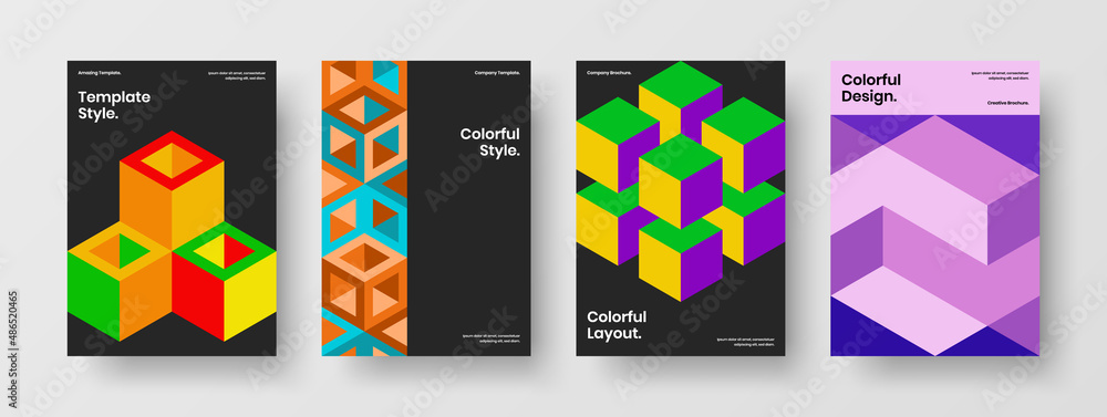 Vivid geometric tiles company brochure template composition. Premium leaflet A4 design vector layout bundle.