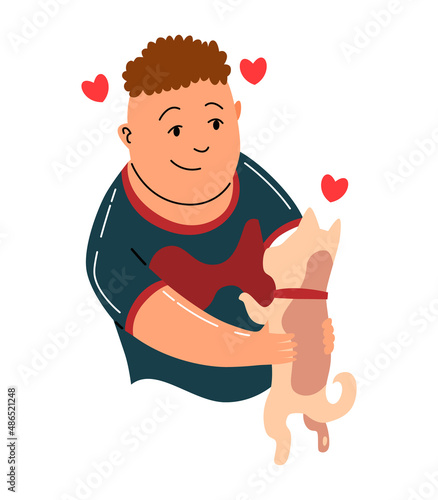 People and pet. Dog pet owner character. Man holding on hands his dog. Man love his animal. Cute and adorable domestic animal