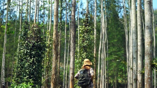 Close up of Young asian woman walking in forest with backpack.