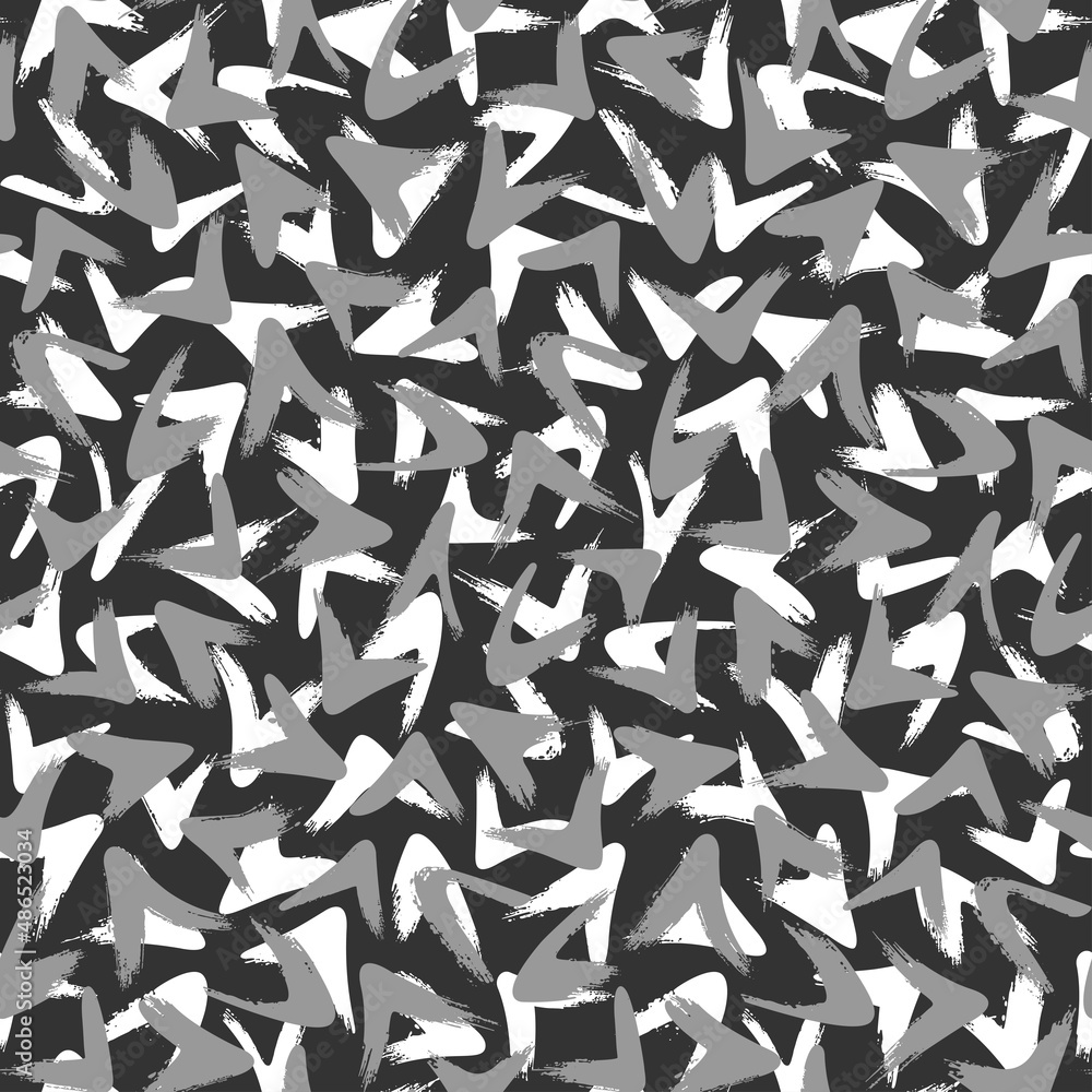 Seamless vector camouflage pattern with gray and white brushstrokes isolated on black background. Seamless vector camouflage pattern with gray and white brushstrokes isolated on black background.