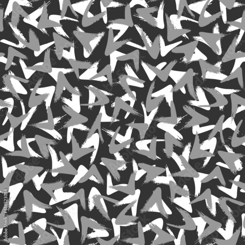 Seamless vector camouflage pattern with gray and white brushstrokes isolated on black background.