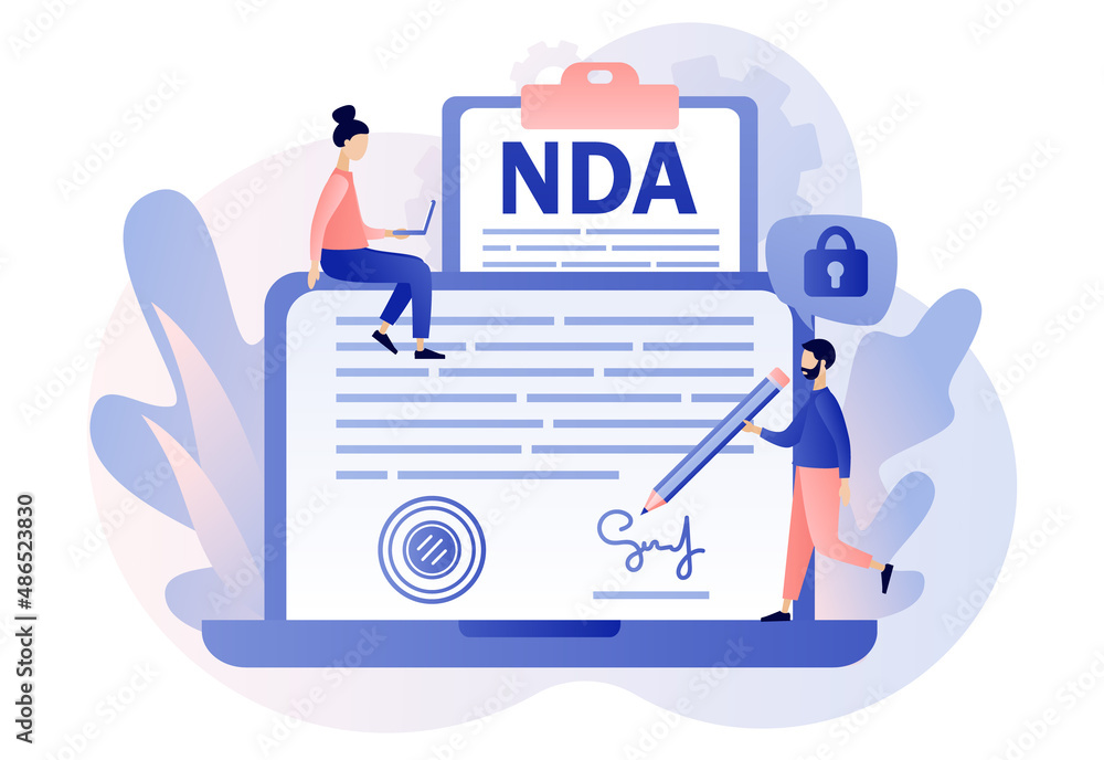 NDA contract. Non disclosure agreement. Tiny man sign confidentiality agreement document on laptop screen. Corporate secret protection. Modern flat cartoon style. Vector illustration NDA contract. Non disclosure agreement. Tiny man sign confidentiality agreement document on laptop screen. Corporate secret protection. Modern flat cartoon style. Vector illustration