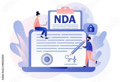 NDA contract. Non disclosure agreement. Tiny man sign confidentiality agreement document on laptop screen. Corporate secret protection. Modern flat cartoon style. Vector illustration