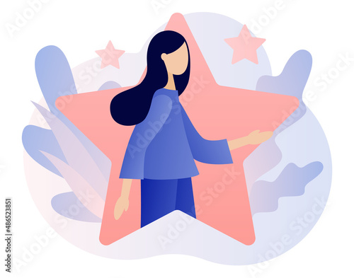 Talent concept. Talented tiny woman in big star. Super star. Open your potential. Modern flat cartoon style. Vector illustration on white background