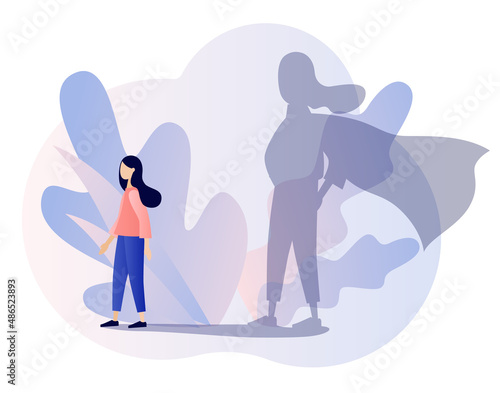 Self confidence metaphore. Self-image. Confident strong woman as superhero. Self love. Self development. Motivation. Modern flat cartoon style. Vector illustration on white background