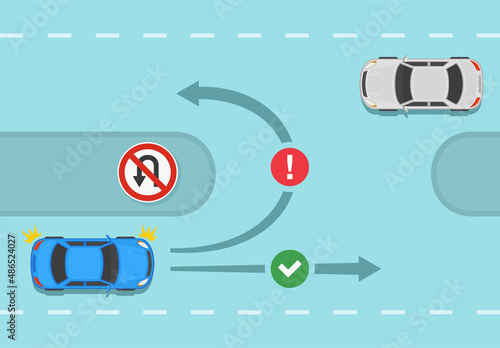 Traffic regulating rules and tips. Safety car driving. No u-turn traffic or road sign meaning. Correct and incorrect motion of a blue sedan car. Flat vector illustration template.