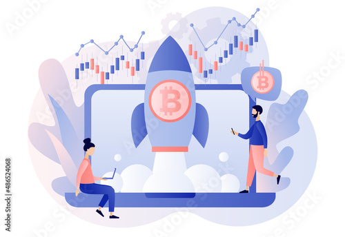 Bitcoin price skyrocket. Spaceship flying upwards. Bull market concept. Rate growth. Tiny people cryptocurrency investors online. Modern flat cartoon style. Vector illustration on white background