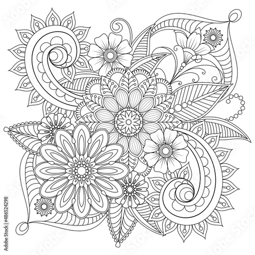Fototapeta Naklejka Na Ścianę i Meble -  Vector drawing for coloring book. Geometric floral pattern. Contour drawing on a white background