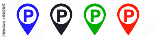 Parking lot location. Map pins for parking lot signs. Vectors.