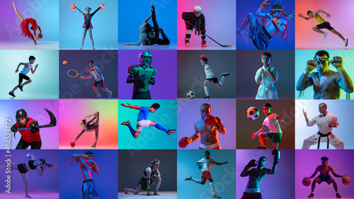Collage of active sportive people training isolated over multicolored background in neon