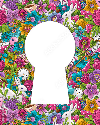 Wonderland card. Frame and place for text. Bright colored cartoon doodles hand drawn detailed, with lots of objects background. Flowers, white rabbit, cards, mushroom.