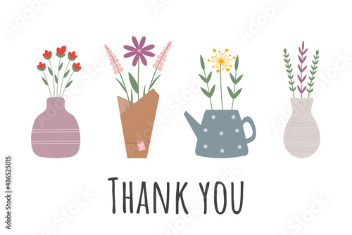 Cute vector illustration with terndy spring flowers and bouquets in vases. Thank you card. Illustration for floristic cards, gift tags, invitation.