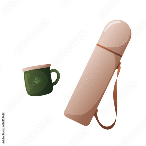 Vector thermos and a cup for hiking, tourism.