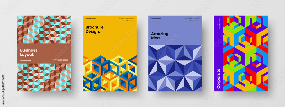Fototapeta premium Premium catalog cover vector design template set. Bright mosaic tiles company brochure concept composition.