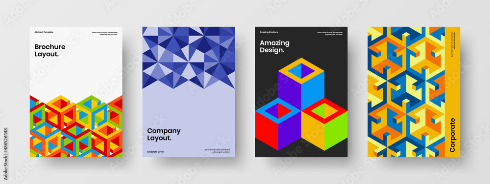 Colorful leaflet A4 design vector layout set. Clean mosaic shapes placard concept bundle.