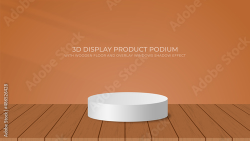 3D Podium in Wooden Floor and Wall Background with Windows Shadow Overlay Effect, Suitable for Display Product Cosmetic, Beauty, Fashion, Etc