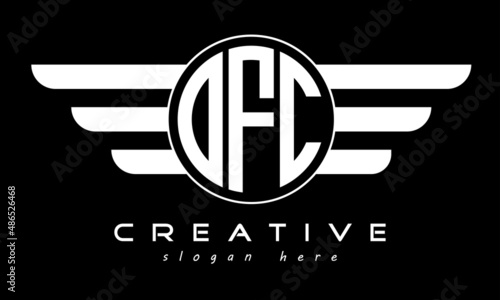 OFC three letter monogram type circle letter logo with wings vector template.