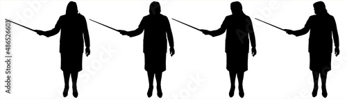 Teacher, mentor, coach, presentation, demonstration, explanation, clarification, performance. A woman with a pointer in her hands. Front view. Female black silhouettes isolated on white background. 