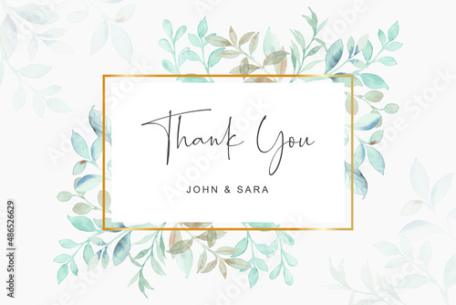 Thank you card with watercolor green leaves frame