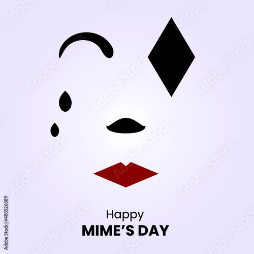 Mime face or harlequin mask with red lips and black make-up