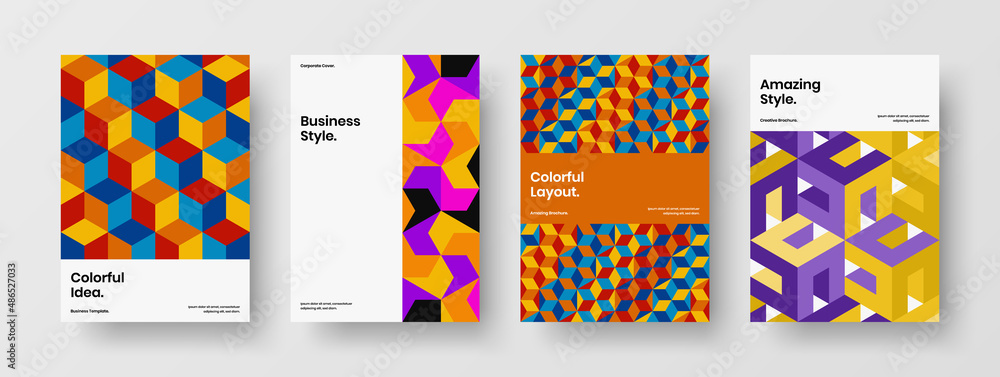 Fototapeta premium Fresh geometric shapes brochure concept collection. Colorful journal cover A4 vector design illustration composition.