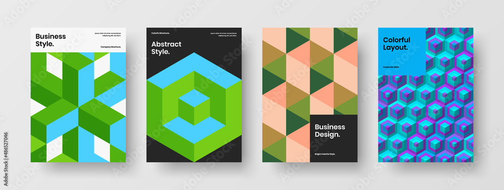 Fototapeta premium Vivid magazine cover design vector layout collection. Simple geometric tiles handbill illustration composition.